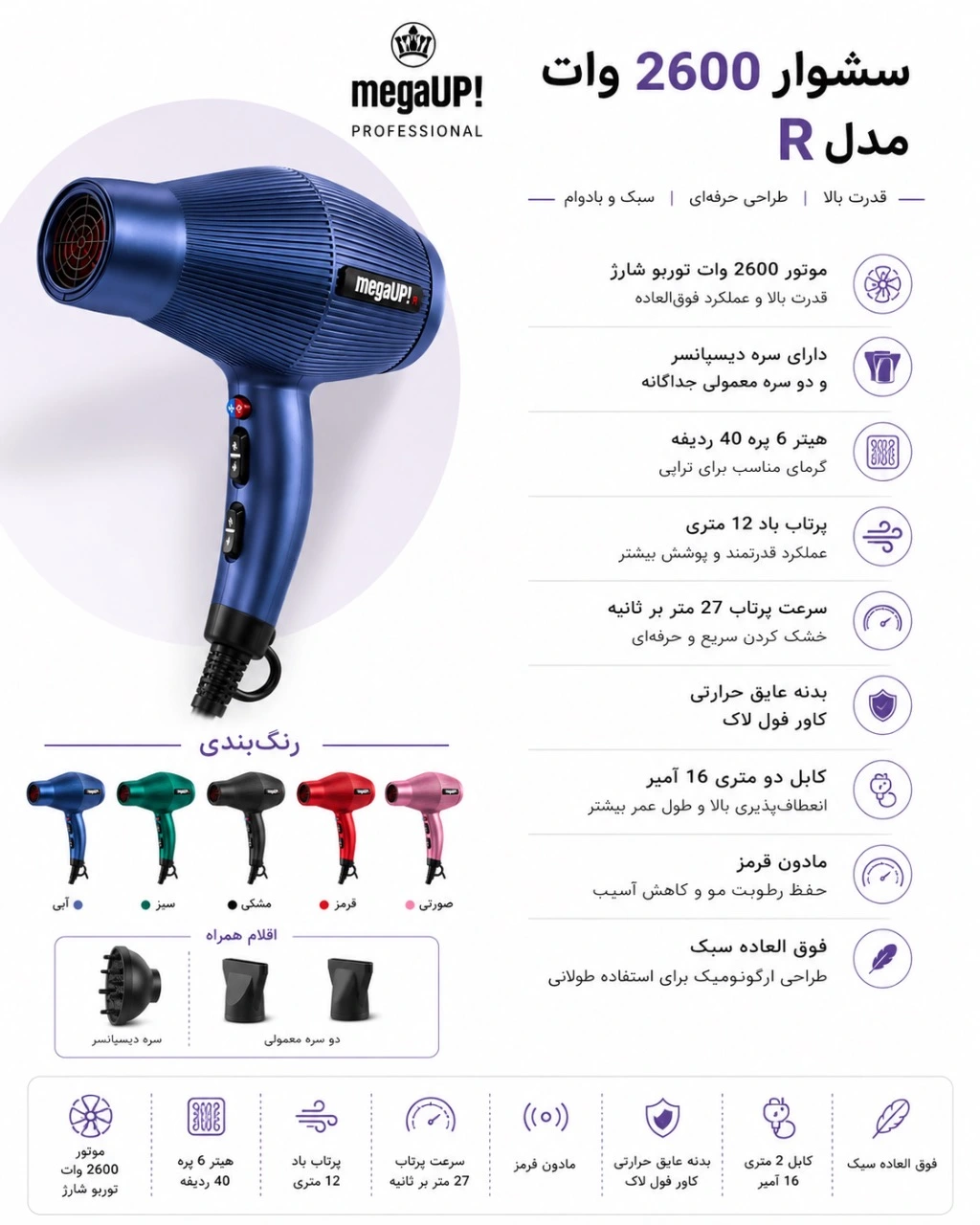 سشوار حرفه ای   ۲۶۰۰ وات مگا آپ سری HS323 - R 